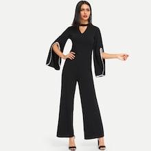 Shein Choker Neck Contrast Wave Trim Split Sleeve Jumpsuit