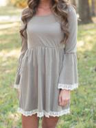 Shein Grey Bell Sleeve Lace Embellished Dress
