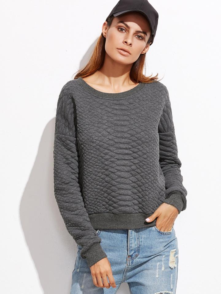 Shein Heather Grey Drop Shoulder Quilted Sweatshirt
