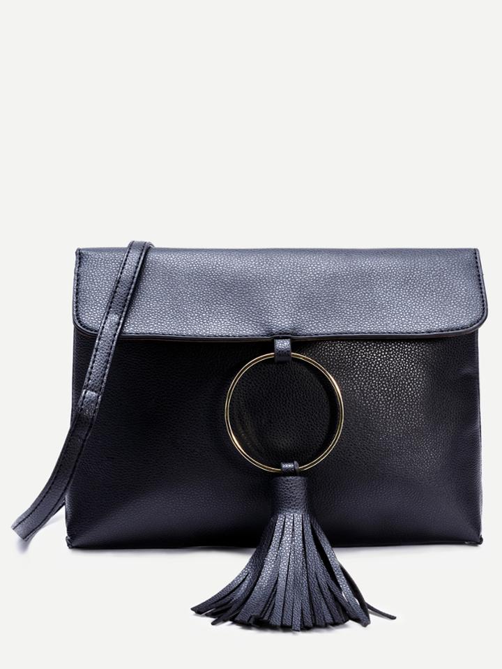 Shein Black Pebbled Pu Tassel Trim Messenger Bag