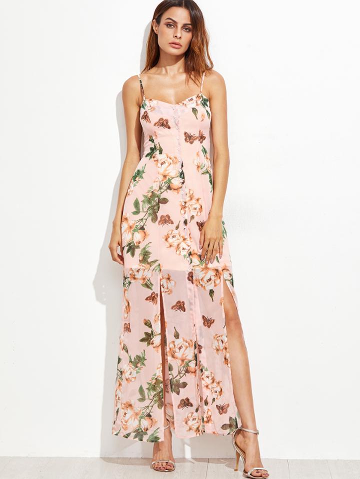 Shein Pink Floral Spaghetti Strap Split Dress