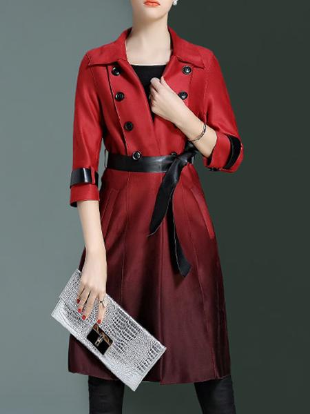 Shein Burgundy Lapel Tie-waist Pockets Gradient Coat