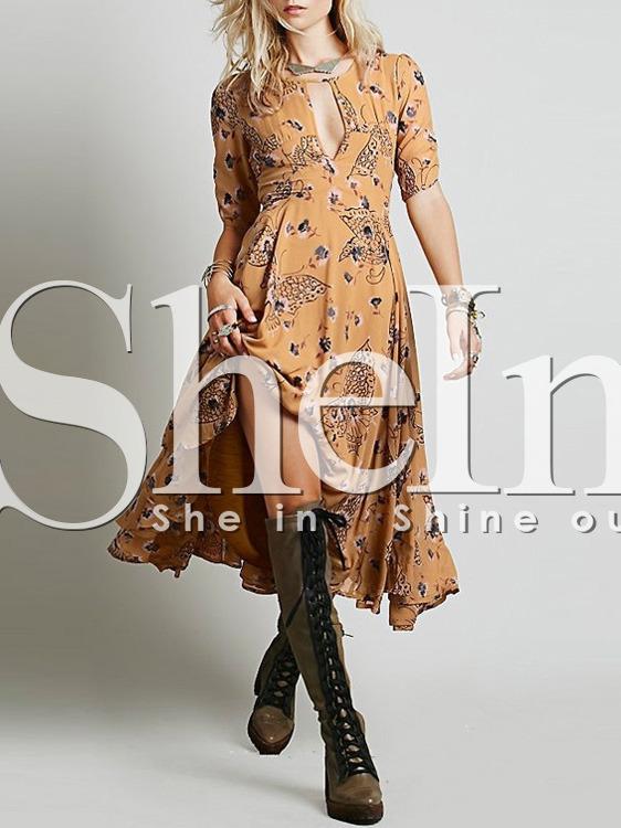 Shein Yellow Long Sleeve Vintage Print Dress