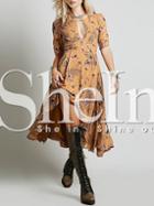 Shein Yellow Long Sleeve Vintage Print Dress