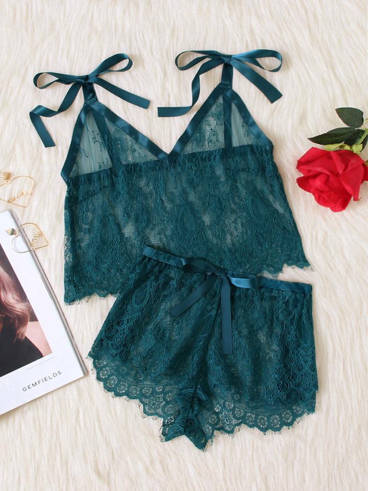 Shein Tie Shoulder Eyelash Lace Cami & Shorts Pj Set