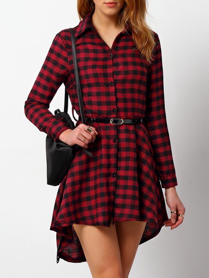 Shein Red Black Long Sleeve Plaid Shirt Dress