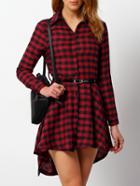 Shein Red Black Long Sleeve Plaid Shirt Dress