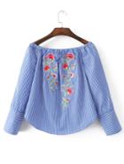 Shein Boat Neck Vertical Striped Embroidery Blouse