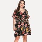 Shein Plus Fluted Sleeve Floral Print Dress