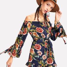 Shein Tied Cuff Ruffle Hem Floral Bardot Romper