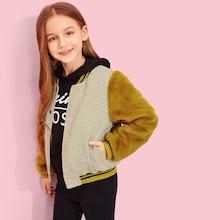 Shein Girls Contrast Faux Fur Sleeve Plaid Jacket