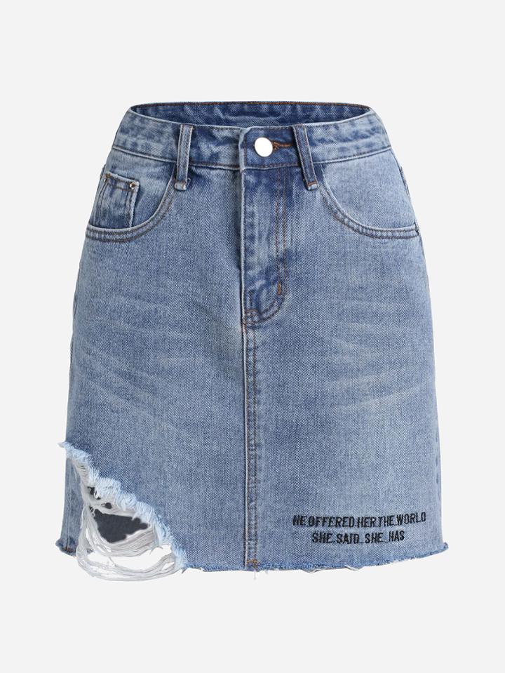 Shein Letter Print Raw Hem Ripped Denim Skirt