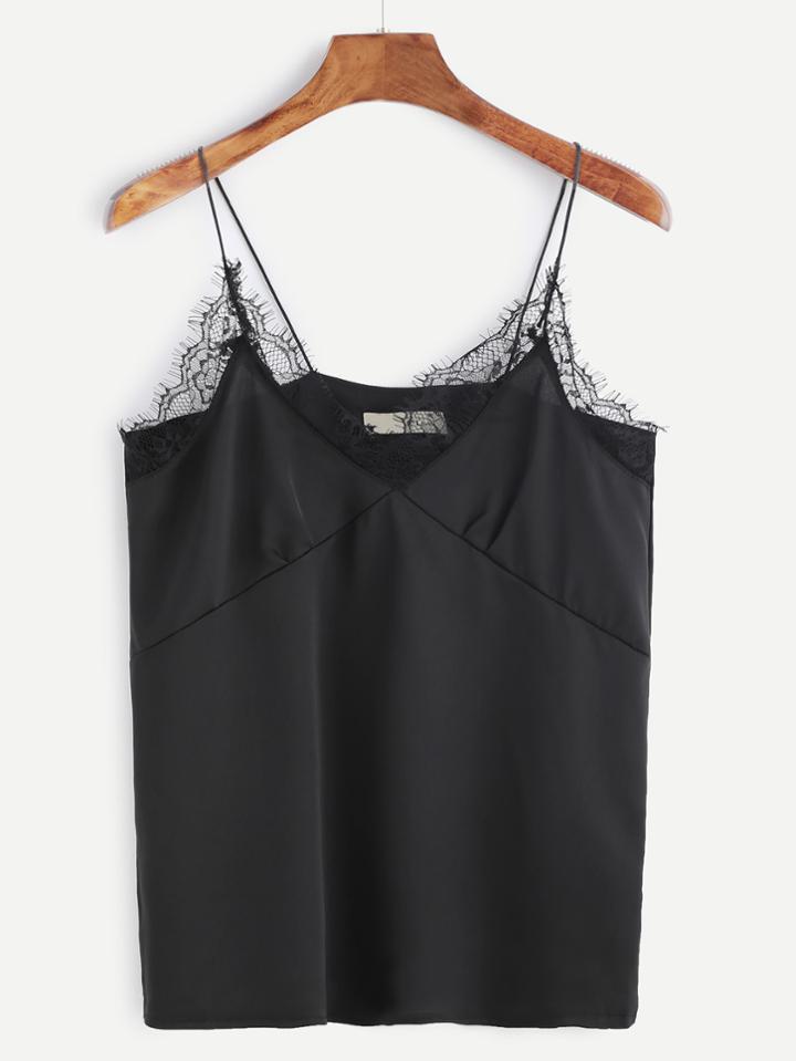 Shein Black Spaghetti Strap Lace Trim Cami Top