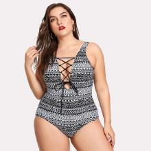 Shein Plus Lace Up V Plunge Swimsuit