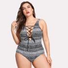 Shein Plus Lace Up V Plunge Swimsuit