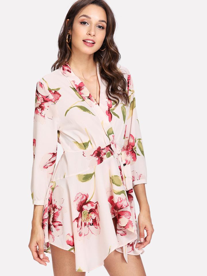 Shein Random Florals Asymmetric Hem Wrap Dress