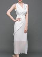 Shein White V Neck Pleated Maxi Dress