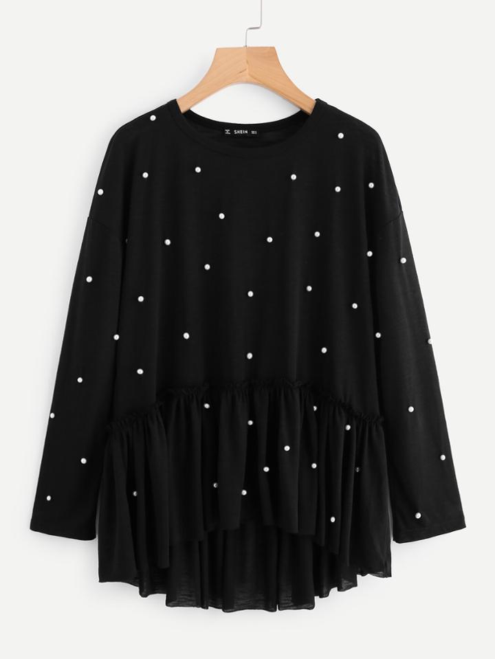 Shein Allover Pearl Ruffle Dip Hem Tee