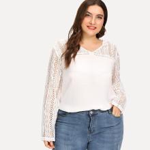 Shein Plus Guipure Lace Insert Semi Sheer Blouse