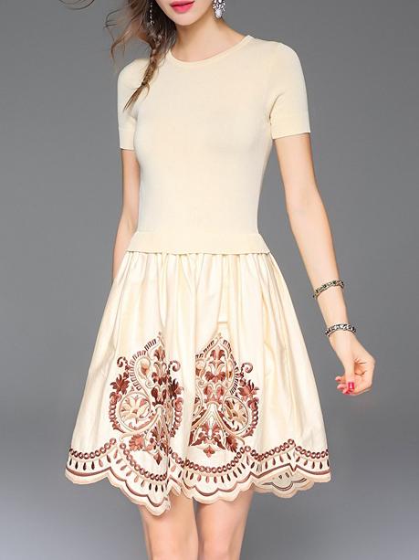 Shein Apricot Knit Embroidered A-line Combo Dress