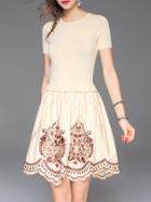 Shein Apricot Knit Embroidered A-line Combo Dress