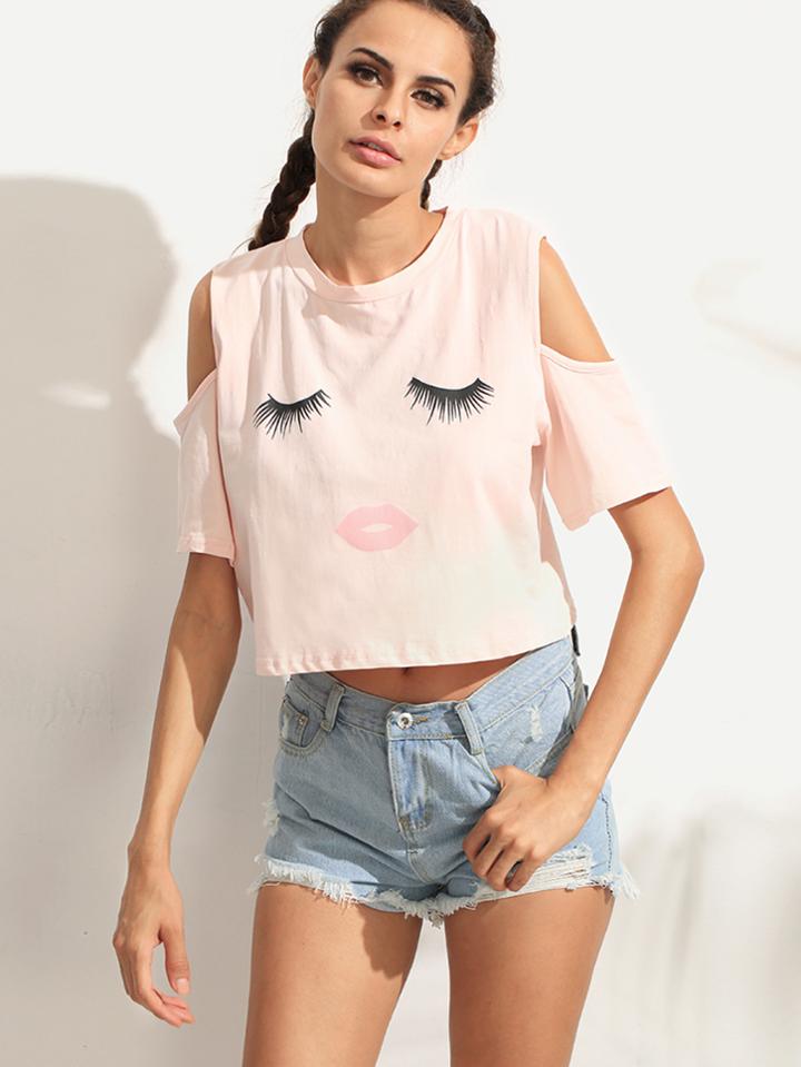 Shein Pink Eyelashes Lip Print Open Shoulder T-shirt