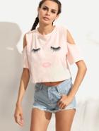 Shein Pink Eyelashes Lip Print Open Shoulder T-shirt