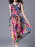 Shein Multicolor Beading Elastic-waist Print A-line Dress