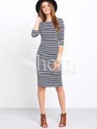 Shein White And Blue Half Sleeve Striped Dress