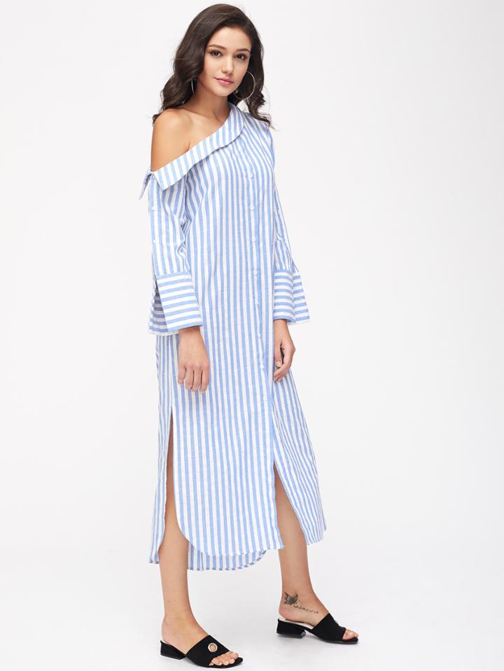 Shein Asymmetric Shoulder Wide Cuff Curved Slit Dress