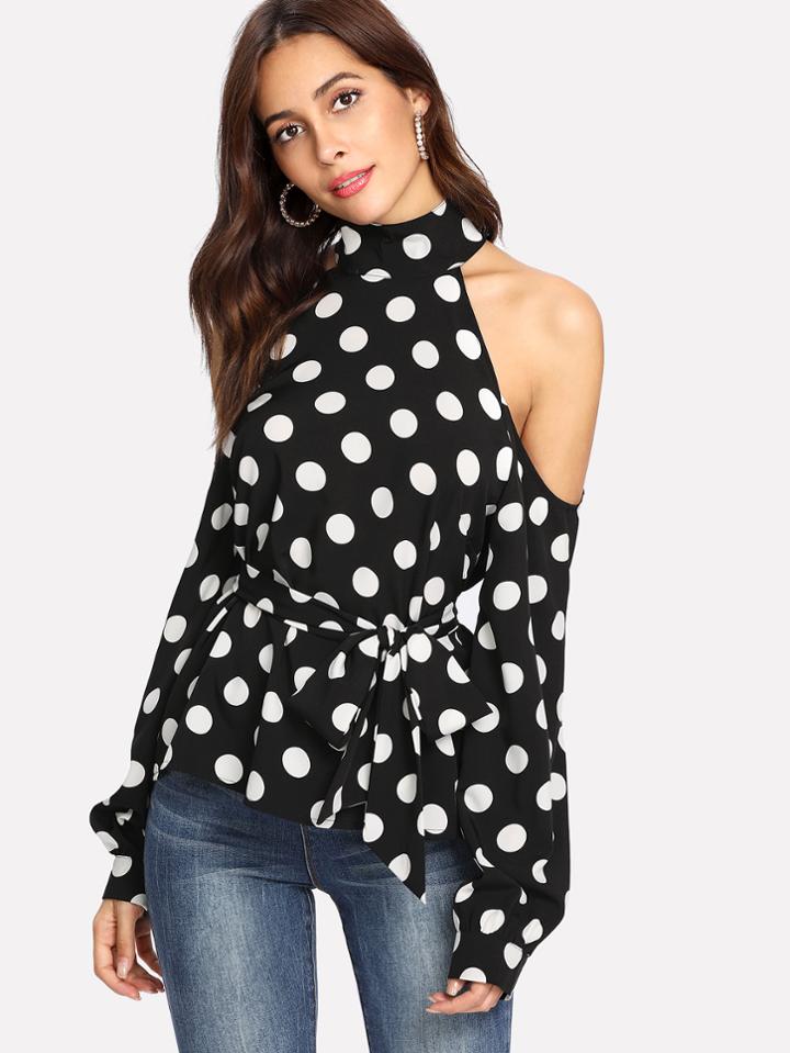 Shein Cold Shoulder Polka Dot Halter Top