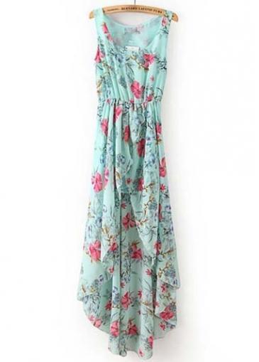 Rosewe Pretty Round Neck Sleeveless Print High Low Dress