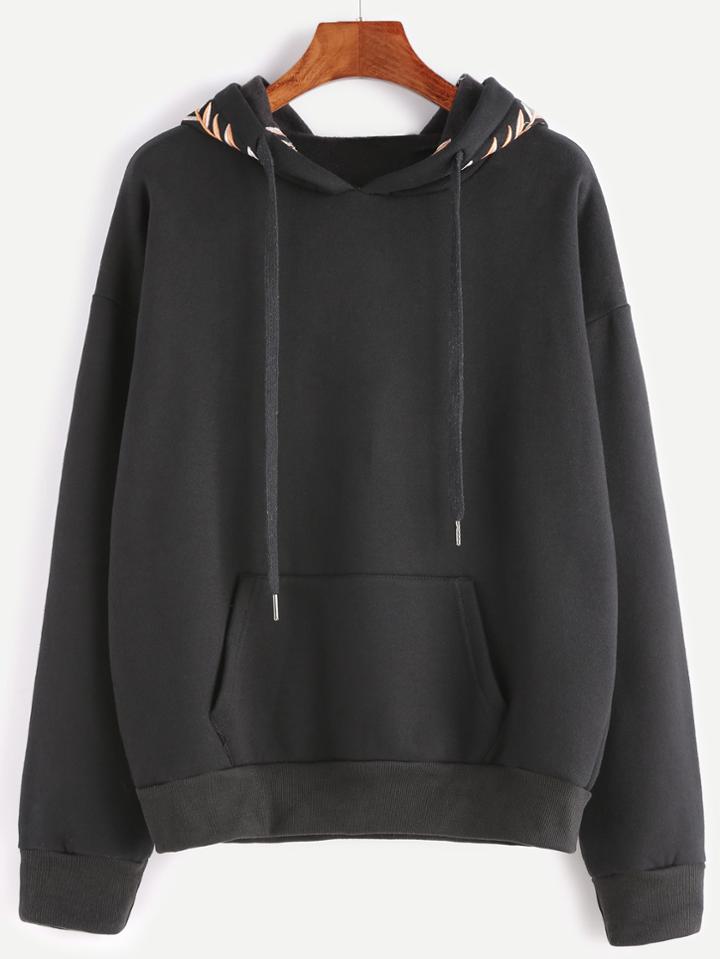 Shein Black Hooded Drop Shoulder Embroidered Pocket Sweatshirt