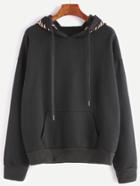 Shein Black Hooded Drop Shoulder Embroidered Pocket Sweatshirt