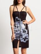 Shein Black Floral Print Zipper Front Spaghetti Strap Dress