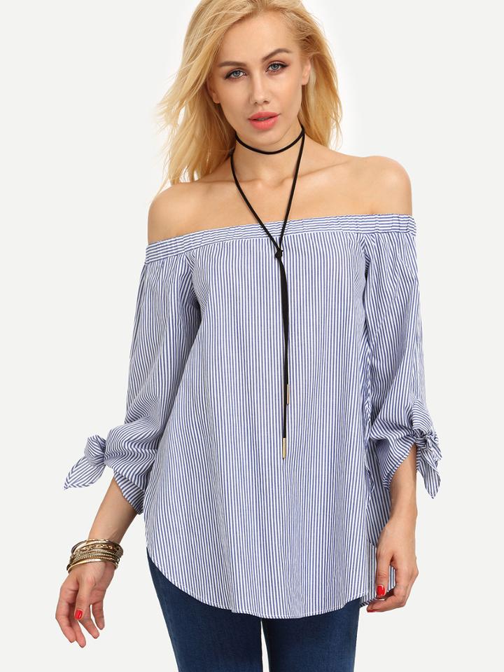 Shein Pinstriped Bow Tie Cuff Curved Hem Top