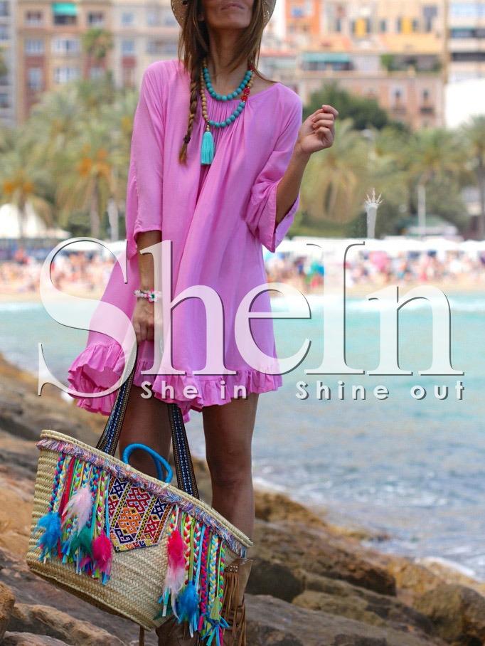 Shein Rose Red Flounce Hem Fringe Backless Shift Dress