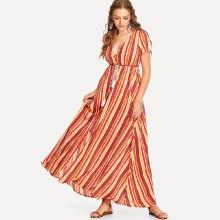 Shein Tassel Tie Shirred Waist Striped Dress