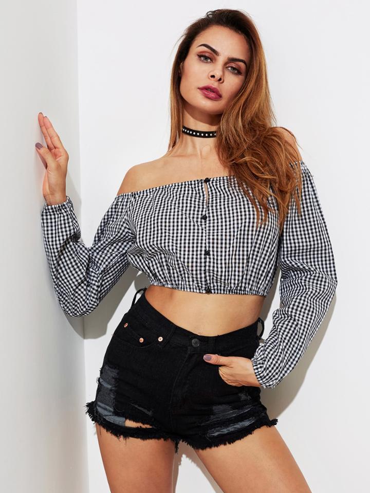 Shein Bardot Gingham Button Front Crop Top