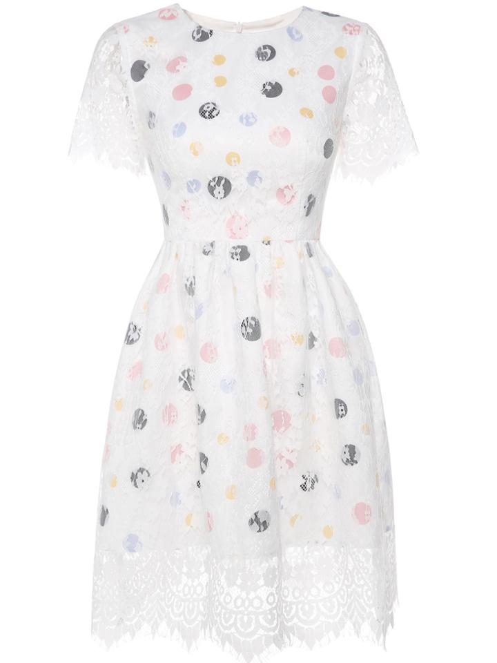 Shein White Crew Neck Print Lace A-line Dress