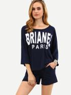 Shein Navy Dropped Shoulder Seam Letters Print Top With Shorts