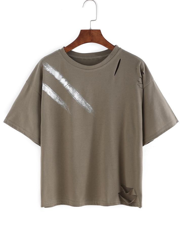 Shein Brush Stroke Print Cutout T-shirt