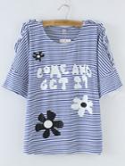 Shein Multicolor Flounced Letters Floral Printed Stripe T-shirt