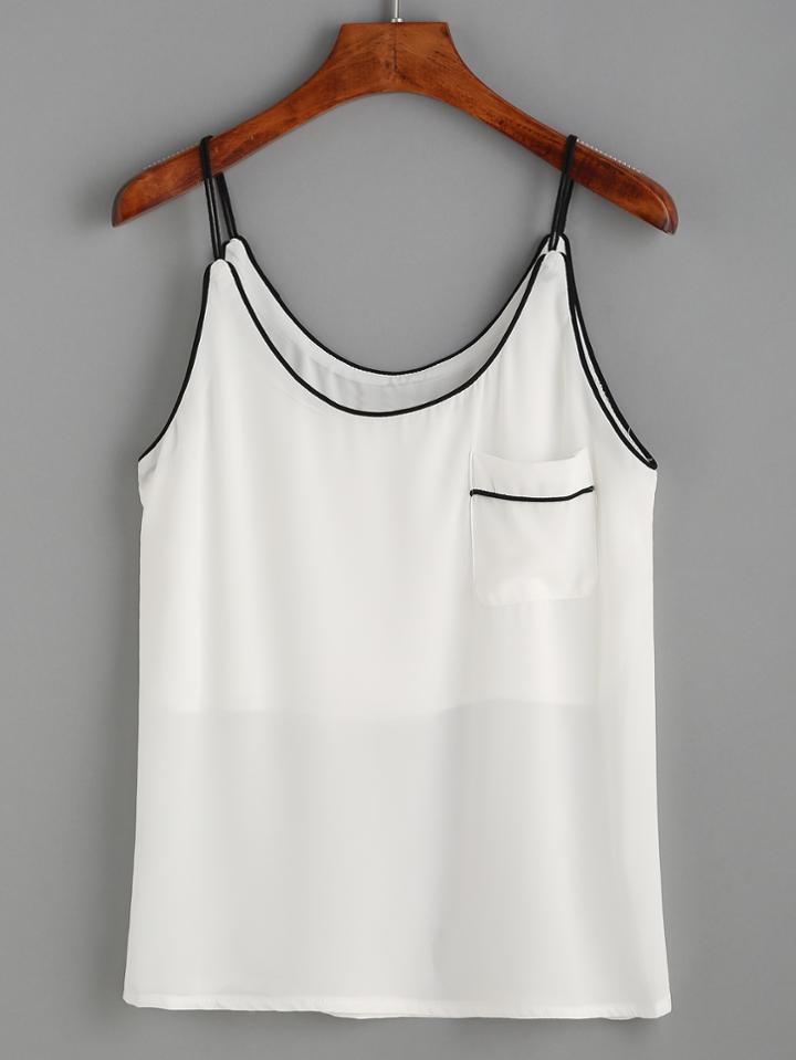 Shein White Contrast Trim Pocket Front Cami Top