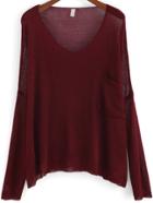 Shein Red Scoop Neck Pocket Loose Knit Sweater