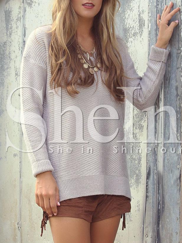 Shein Grey V-neck Long Sleeve Pullover Sweater