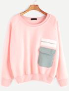 Shein Pink Raglan Sleeve Contrast Pocket Sweatshirt