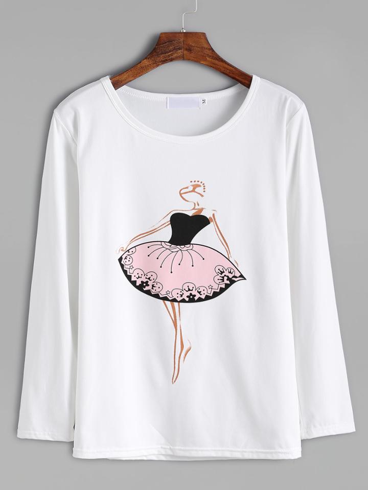 Shein White Dancing Girl Print T-shirt