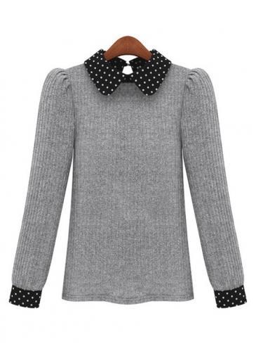 Rosewe Lady Style Dot Print Shirt Collar Grey Sweaters