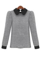 Rosewe Lady Style Dot Print Shirt Collar Grey Sweaters